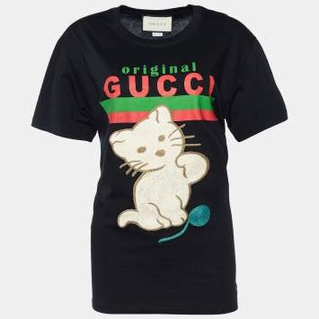 Pre Owned Gucci Black Cat Applique Cotton Jersey T-Shirt XXS