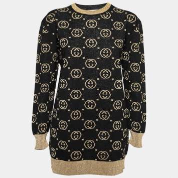 Pre Owned Gucci Black Jacquard Wool Crew Neck Sweater M