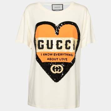 Pre Owned Gucci Cream Cotton Sequin Embellished Heart Detail Oversized Crewneck T-Shirt M
