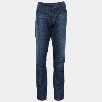 Pre Owned Gucci Dark Blue Houndstooth Print Denim New Leggings Fit Jeans M/Waist - 35.5"