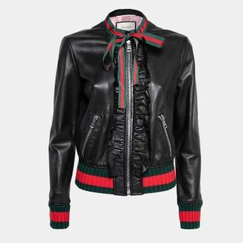 Pre Owned Gucci Black Leather Ruffled Web Ribbon Bow Tie Bomber Jacket M