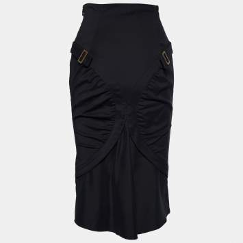 Pre Owned Gucci Black Cady Ruched Belt Detail Knee-Length Skirt S