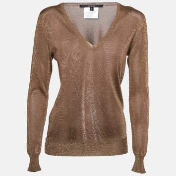 Pre Owned Gucci Brown & Gold Lurex Knit V-Neck Sweater S