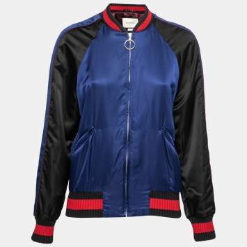 Pre Owned Gucci Blue & Black Satin Ghost Skull-Embroidered Bomber Jacket S