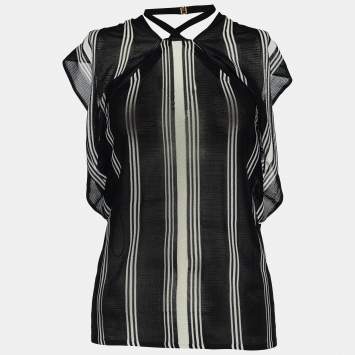 Pre Owned Gucci Monochrome Striped Knit Halter Neck Sheer Top S