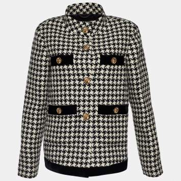 Pre Owned Gucci Monochrome Houndstooth Optical Tweed Button Front Jacket M