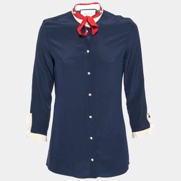 Pre Owned Gucci Navy Blue Silk Contrast Trim Neck Tie Detail Shirt M