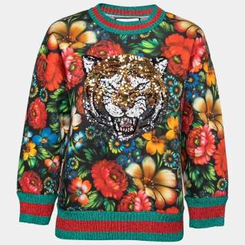 Pre Owned Gucci Multicolor Floral Printed Cotton Tiger Sequin Embellished Sweatshirt M