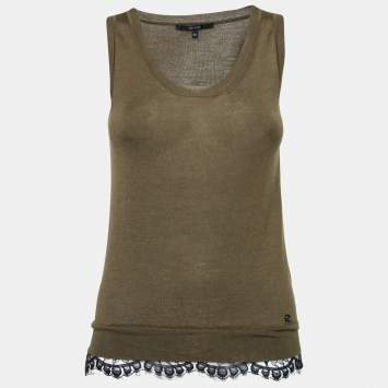 Pre Owned Gucci Olive Green Knit Lace Trimmed Sleeveless Tank Top XS