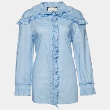 Pre Owned Gucci Light Blue Cotton Ruffled Button Front Blouse L