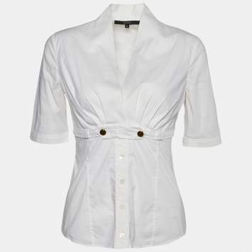 Pre Owned Gucci White Cotton Plunge Neck Blouse S