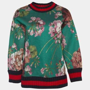 Pre Owned Gucci Green Blooms Print Modal Knit Trim Sweatshirt S