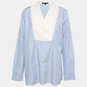 Pre Owned Gucci Blue Striped Cotton Contrast Paneled Long Sleeve Shirt L