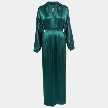 Pre Owned Gucci Green Silk Satin Draped Maxi Dress S