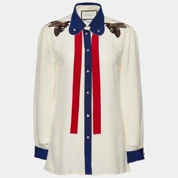 Pre Owned Gucci Cream Silk Contrast Trim Neck Tie Detail Shirt M