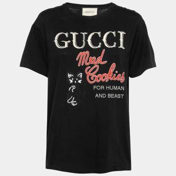 Pre Owned Gucci Black Mad Cookies Embroidered Cotton Knit T shirt XS