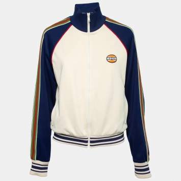Pre Owned Gucci Cream Knit Web Stripe Trimmed Zip Front Jacket XS