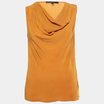 Pre Owned Gucci Mustard Yellow Silk Crepe Sleeveless Draped Neck Top S