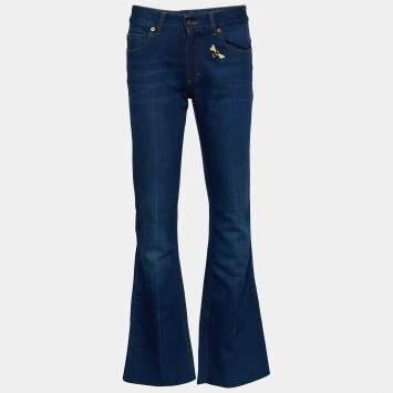 Pre Owned Gucci Blue Bee Butterfly Patched Denim Flared Leg Jeans S Waist 30.5"