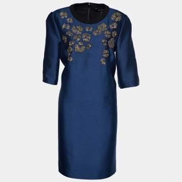 Pre Owned Gucci Teal Blue Embellished Wool & Silk Shift Dress L