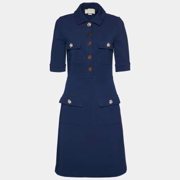 Pre Owned Gucci Navy Blue Jersey Button Front Midi Dress L
