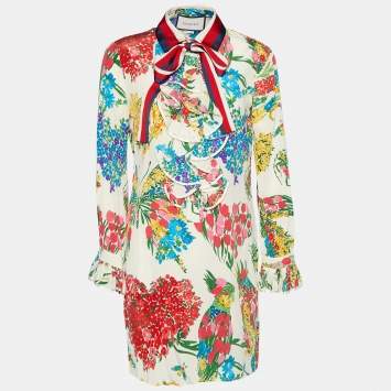 Pre Owned Gucci Multicolor Crepe Silk Corsage Shift Dress S