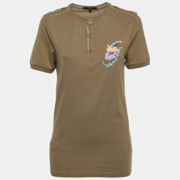 Pre Owned Gucci Olive Green Printed Cotton Short Sleeve T-Shirt M
