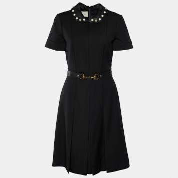 Pre Owned Gucci Black Wool Contrast Detail Pleated Midi Dress S