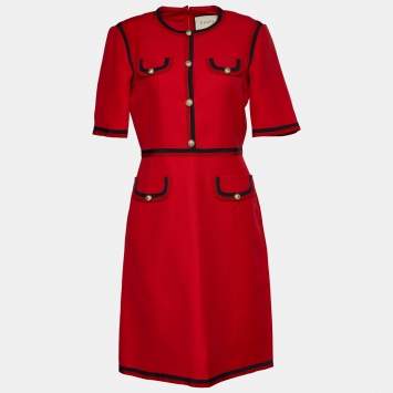 Pre Owned Gucci Red Wool & Silk Web Trim Detail Midi Dress M