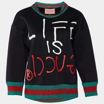 Pre Owned Gucci Black Life Is Gucci Cotton Metallic Web Trim Sweatshirt XS