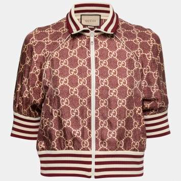Pre Owned Gucci Burgundy GG Supreme Silk Zip-Front Jacket XS