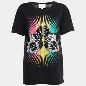 Pre Owned Gucci Black Cotton Bosco & Orso Sequin Embellished Oversized T-Shirt S