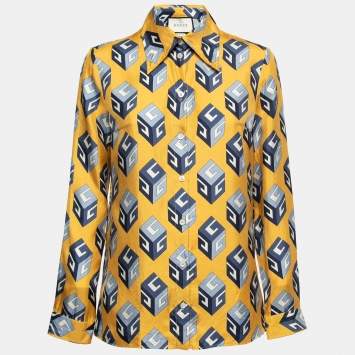 مملوكة مسبقًا Gucci Yellow Logo Cube Printed Silk Shirt M