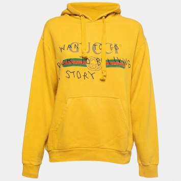 Pre Owned Gucci Yellow Cotton Logo Graphic Print Oversized Hoodie XS