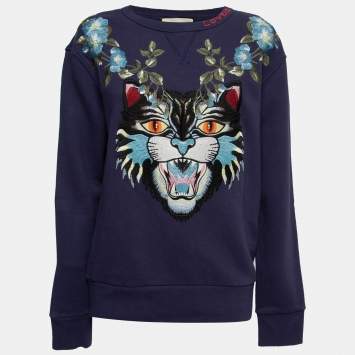 Pre Owned Gucci Navy Blue Embroidered Cotton Oversized Sweatshirt XS