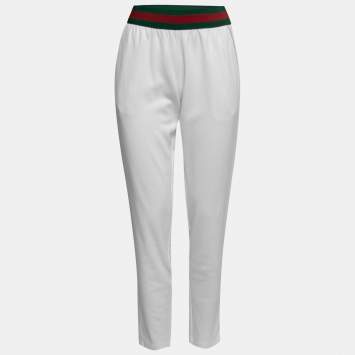 Pre Owned Gucci White Jersey Knit Web Stripe Trimmed Joggers XS