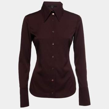 Pre Owned Gucci Burgundy Logo Jacquard Silk Button-Front Shirt M