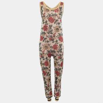 Pre Owned Gucci Gold Multicolor Floral Lurex Knit Jumpsuit L
