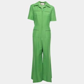Pre Owned Gucci Green Crepe Front-Pocket Short-Sleeve Jumpsuit L