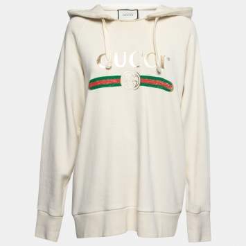 Pre Owned Gucci Cream Cotton Blind for Love Dogs Embroidered Hooded Sweatshirt M