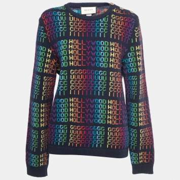 Gucci Navy Blue Multicolor Hollywood Patterned Wool Sweater M