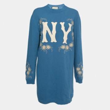 مملوكة مسبقًا Gucci X NY Yankees Blue Wool Embroidered Sweater Dress S