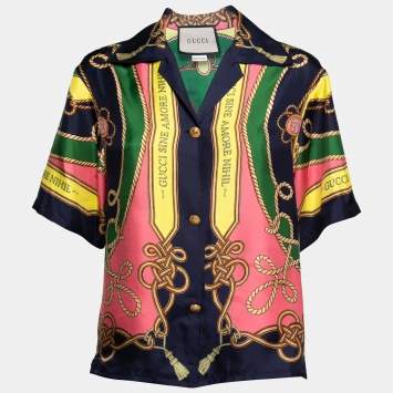 Gucci Navy Blue Printed Silk Short Sleeve Shirt S