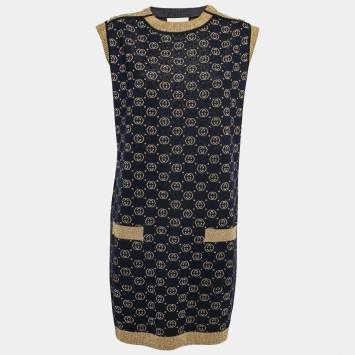 Pre Owned Gucci Dark Blue GG Monogram Lurex Knit Sleeveless Midi Dress XL