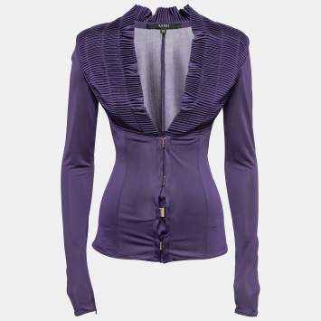 Pre Owned Gucci Purple Silk Knit Gathered Detail Long Sleeve Lightweight Jacket S