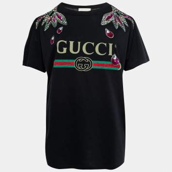 Pre Owned Gucci Black Cotton Logo Print Embellished T-Shirt S