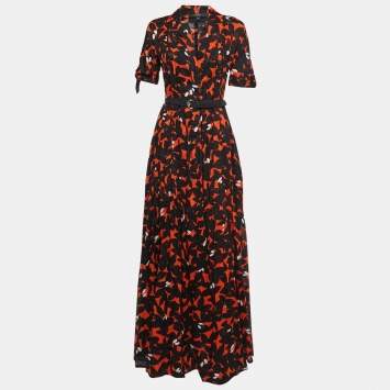Pre Owned Gucci Black & Orange Printed Cotton Belted Maxi Dress M