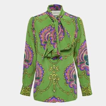 مملوكة مسبقًا Gucci Green Paisley Printed Silk Tie-Neck Blouse M