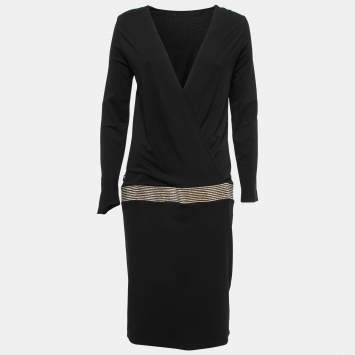 Pre Owned Gucci Black Jersey Chain Trim Detail Drop Waist Midi Dress M