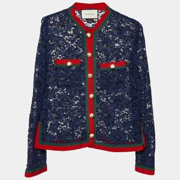 Pre Owned Gucci Navy Blue Lace Contrast Trim Button Front Sheer Jacket M